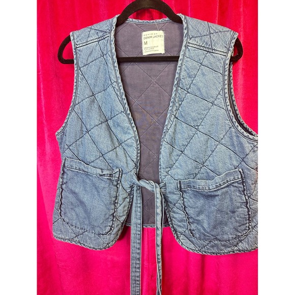 Primark Jackets & Blazers - Denim Co Primark Quilted Denim Vest Medium Wash Blue Cotton Tie Front Womens M